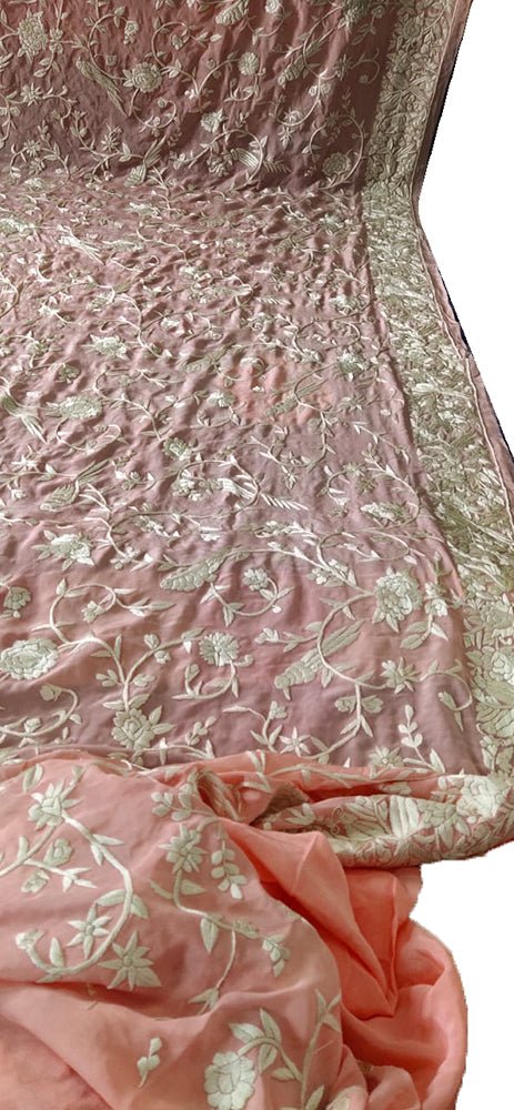 Pink Hand Embroidered Parsi Gara Crepe Floral And Bird Design Saree - Luxurion World
