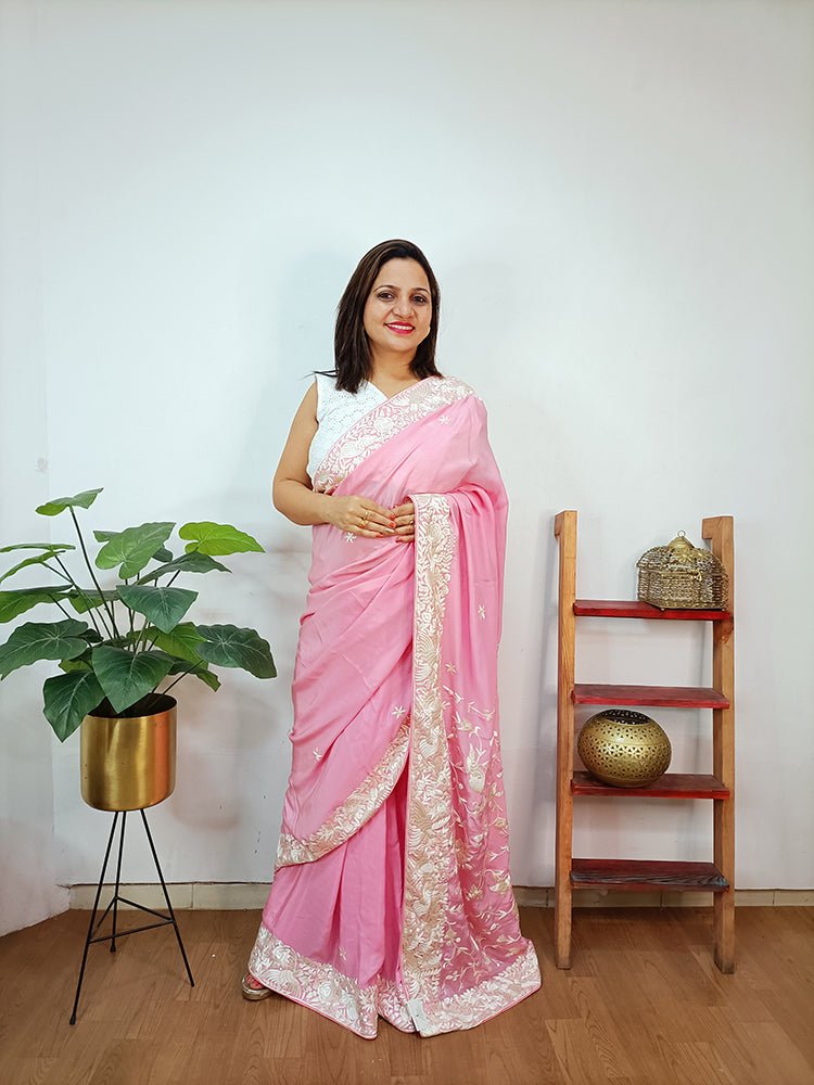 Pink Hand Embroidered Parsi Gara Crepe Floral And Bird Design Saree - Luxurion World