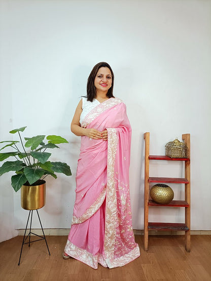 Pink Hand Embroidered Parsi Gara Crepe Floral And Bird Design Saree - Luxurion World