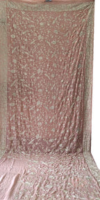 Pink Hand Embroidered Parsi Gara Crepe Floral And Bird Design Saree - Luxurion World