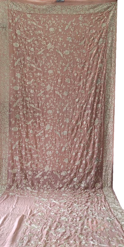 Pink Hand Embroidered Parsi Gara Crepe Floral And Bird Design Saree - Luxurion World