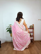 Pink Hand Embroidered Parsi Gara Crepe Floral And Bird Design Saree - Luxurion World