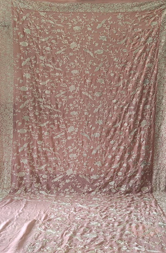 Pink Hand Embroidered Parsi Gara Crepe Floral And Bird Design Saree - Luxurion World