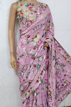 Pink Hand Embroidered Parsi Gara Crepe Floral Design Saree - Luxurion World
