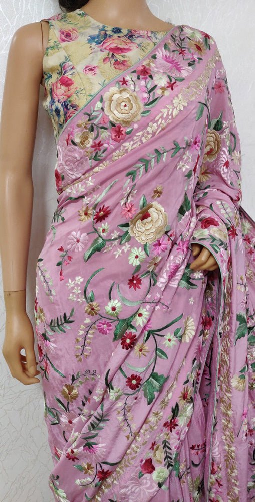 Pink Hand Embroidered Parsi Gara Crepe Floral Design Saree - Luxurion World