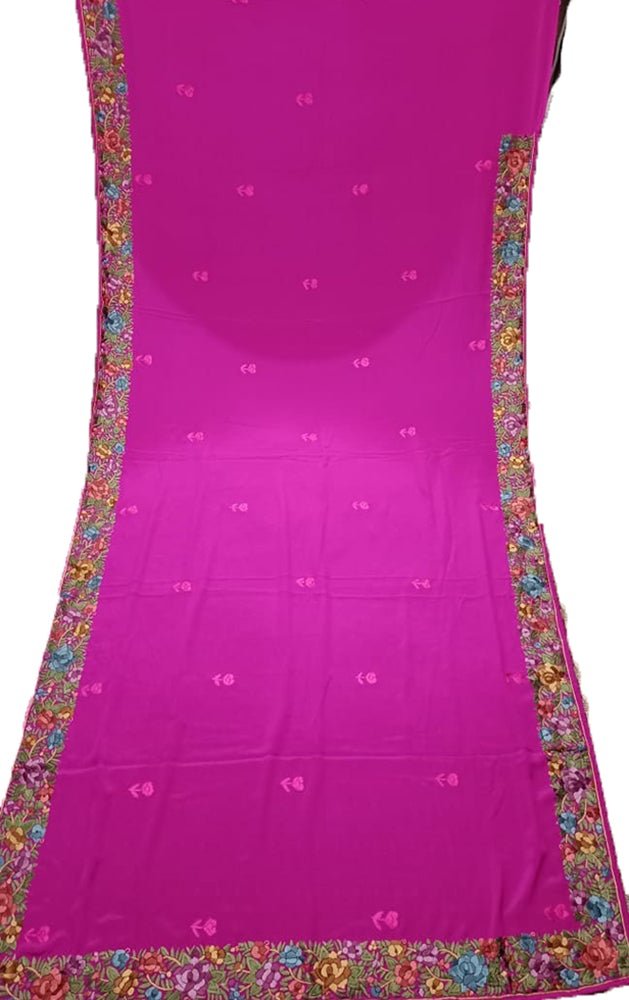 Pink Hand Embroidered Parsi Gara Crepe Flower Design Saree - Luxurion World