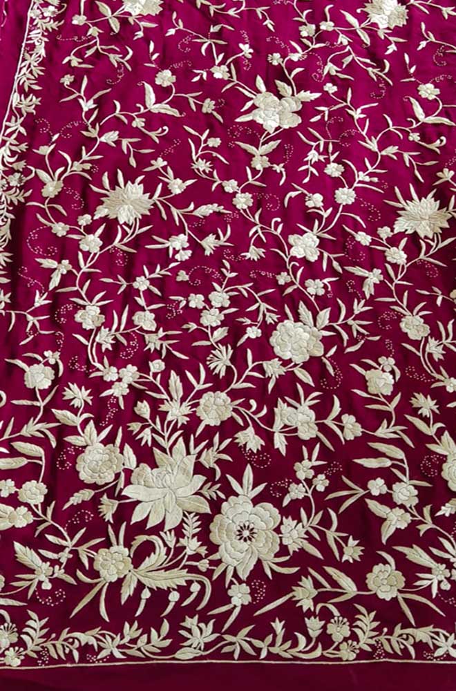 Pink Hand Embroidered Parsi Gara Pure Georgette Floral Design Saree - Luxurion World