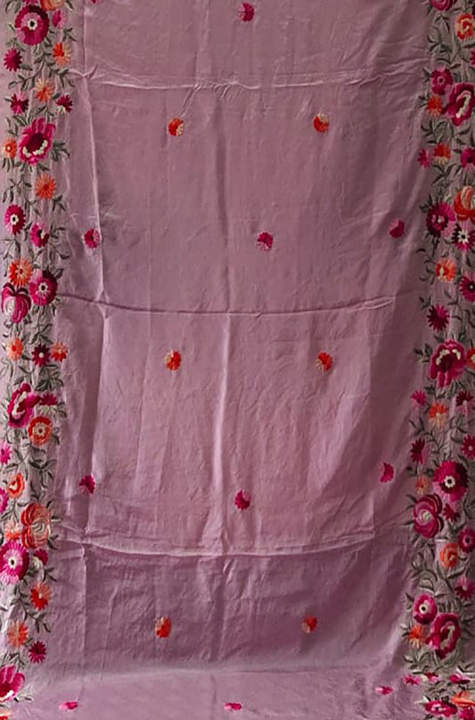 Pink Hand Embroidered Parsi Gara Satin Floral Design Saree - Luxurion World