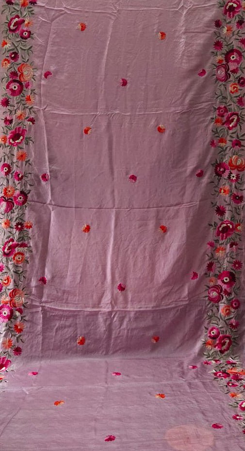 Pink Hand Embroidered Parsi Gara Satin Floral Design Saree - Luxurion World