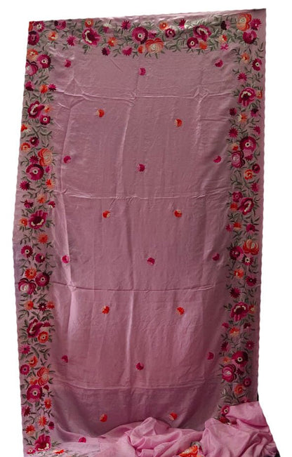 Pink Hand Embroidered Parsi Gara Satin Floral Design Saree - Luxurion World