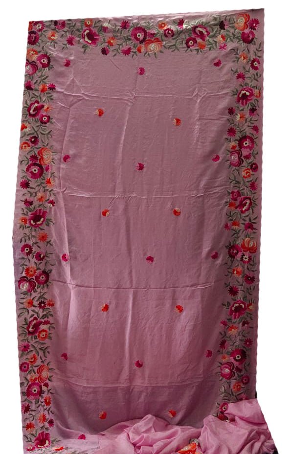 Pink Hand Embroidered Parsi Gara Satin Floral Design Saree - Luxurion World