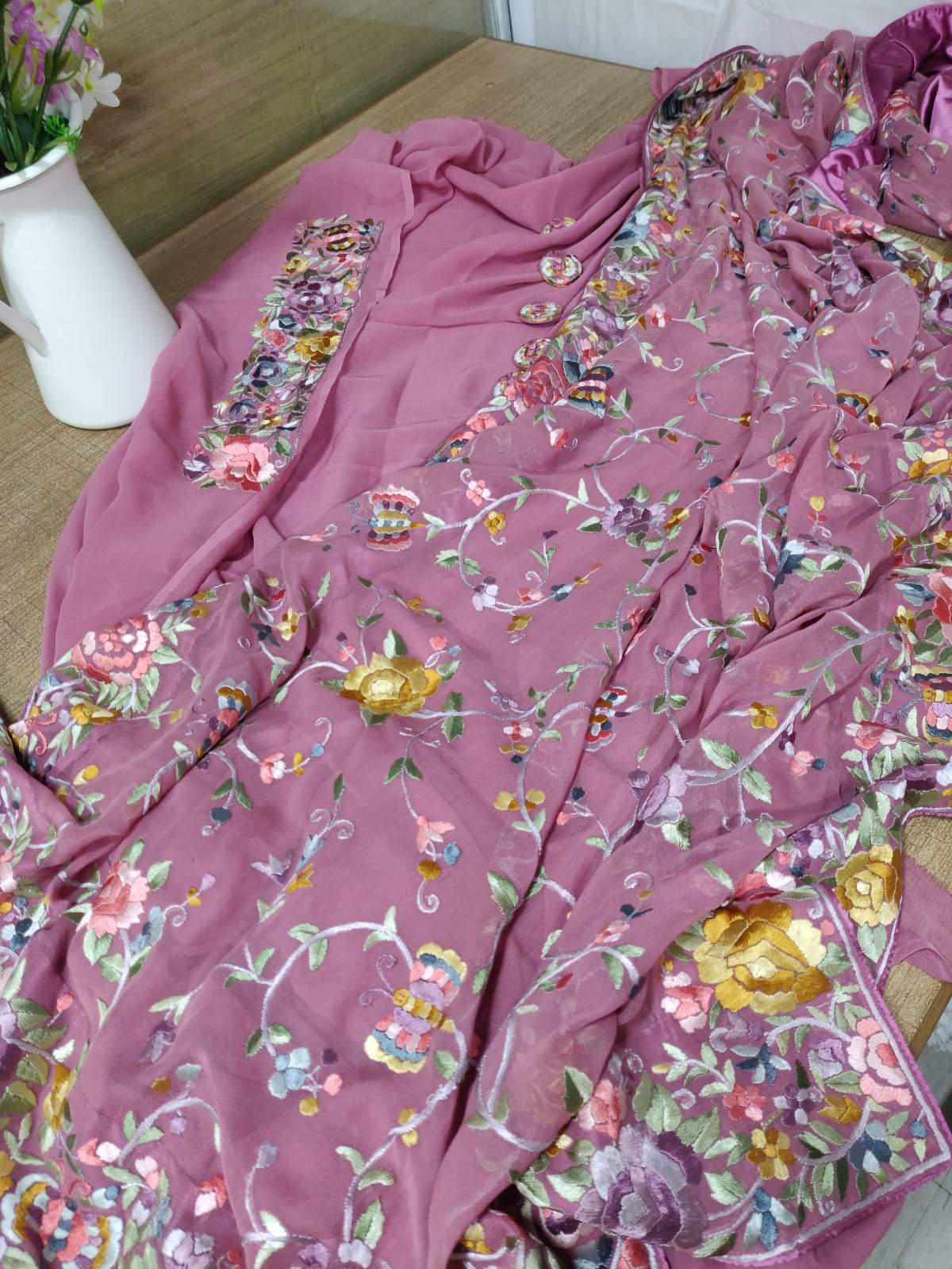 Pink Hand Embroidered Parsi Work Pure Georgette Unstitched Suit - Luxurion World