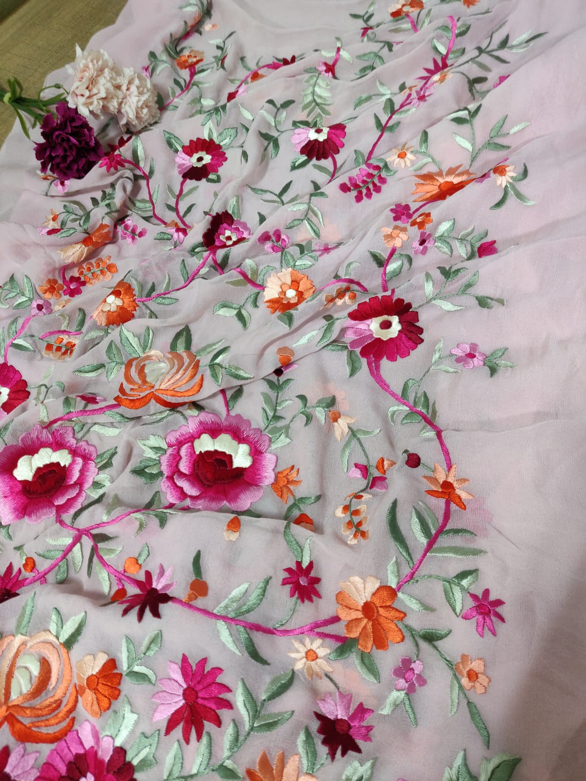 Pink Hand Embroidered Parsi Work Unstitched Kurti - Luxurion World