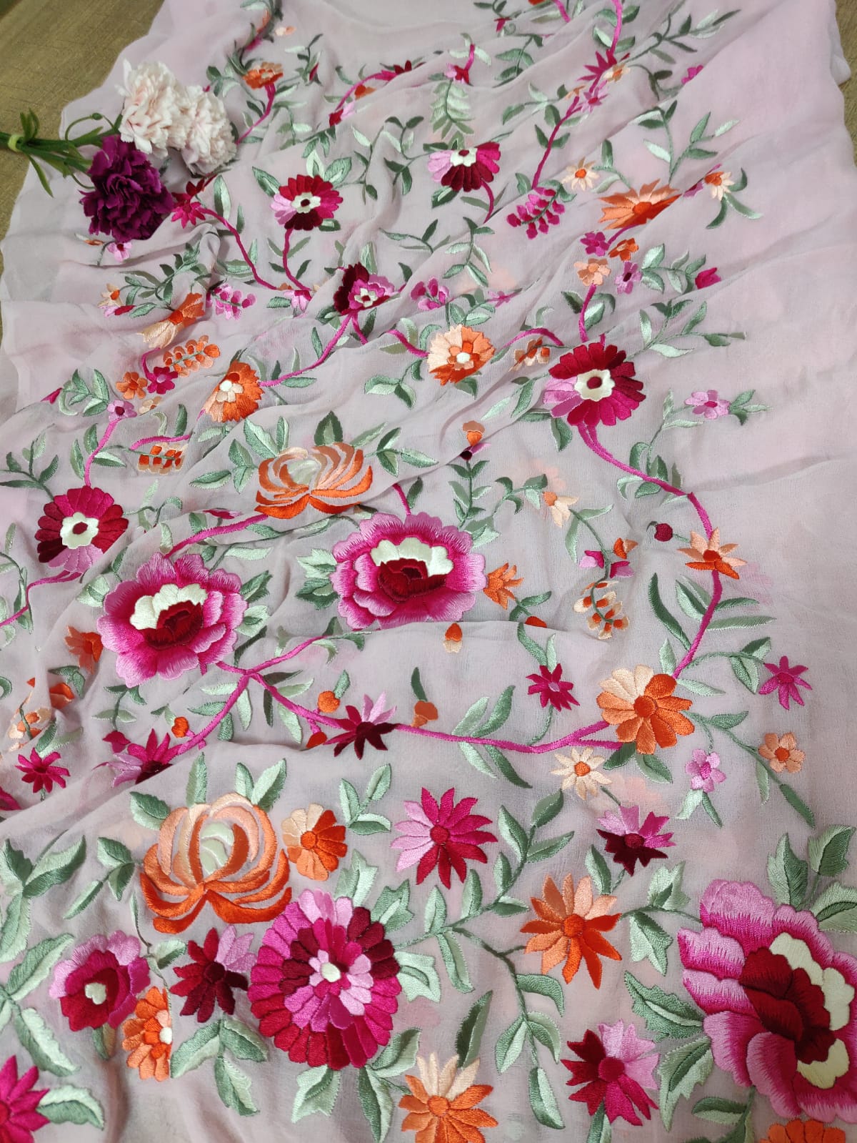 Pink Hand Embroidered Parsi Work Unstitched Kurti - Luxurion World