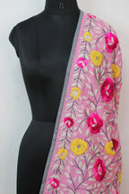 Pink Hand Embroidered Phulkari Chanderi Silk Dupatta - Luxurion World