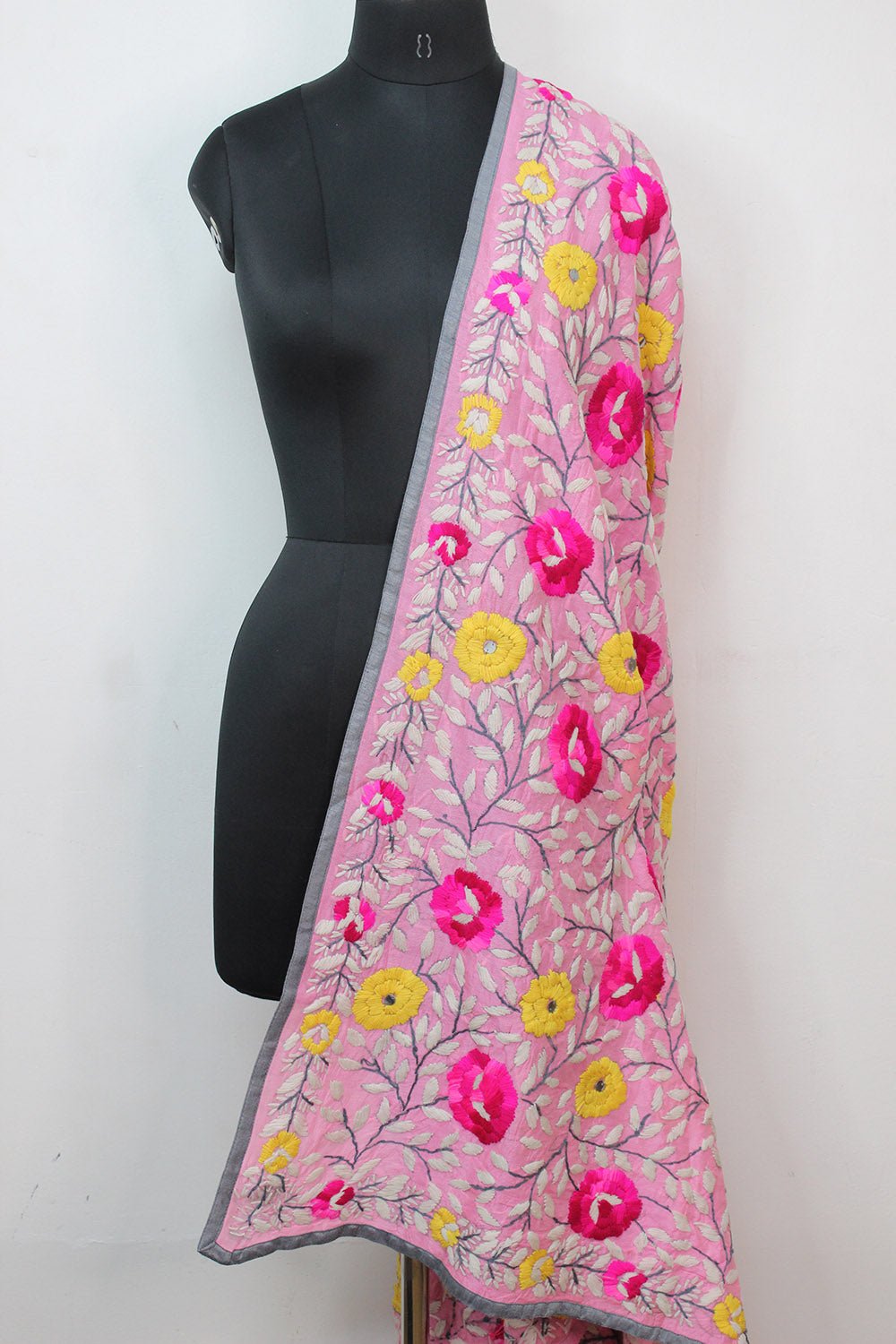Pink Hand Embroidered Phulkari Chanderi Silk Dupatta - Luxurion World