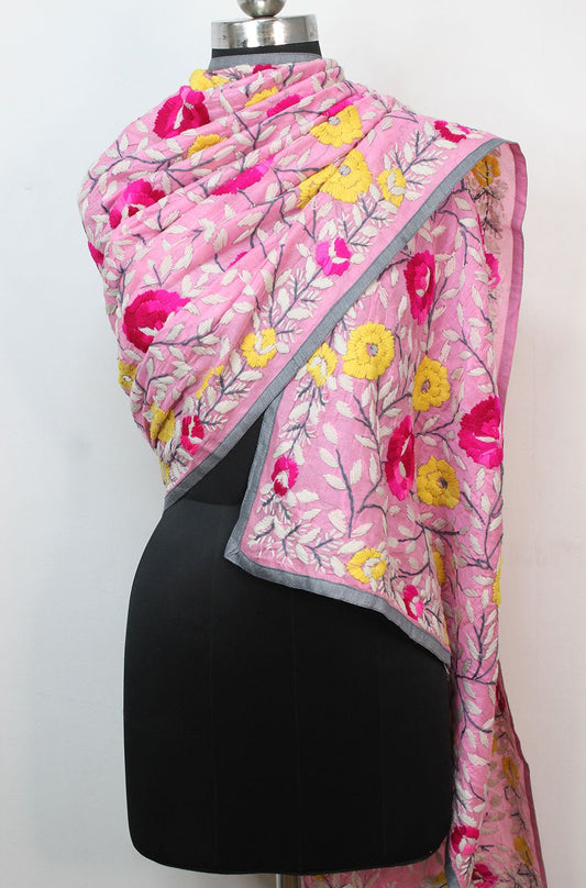 Pink Hand Embroidered Phulkari Chanderi Silk Dupatta - Luxurion World
