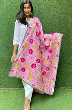 Pink Hand Embroidered Phulkari Chanderi Silk Dupatta - Luxurion World