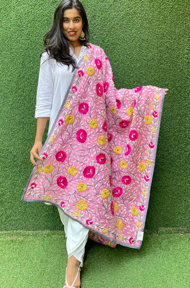 Pink Hand Embroidered Phulkari Chanderi Silk Dupatta - Luxurion World