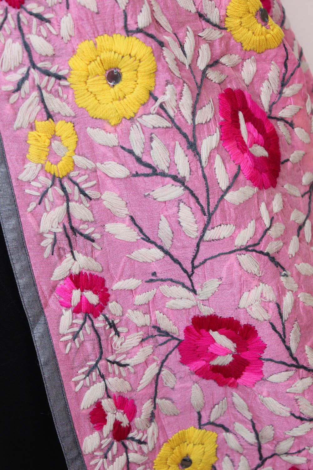 Pink Hand Embroidered Phulkari Chanderi Silk Dupatta