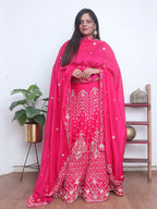 Pink Hand Embroidered Zardozi Silk Bead Work Semi Stitched Lehenga Set - Luxurion World