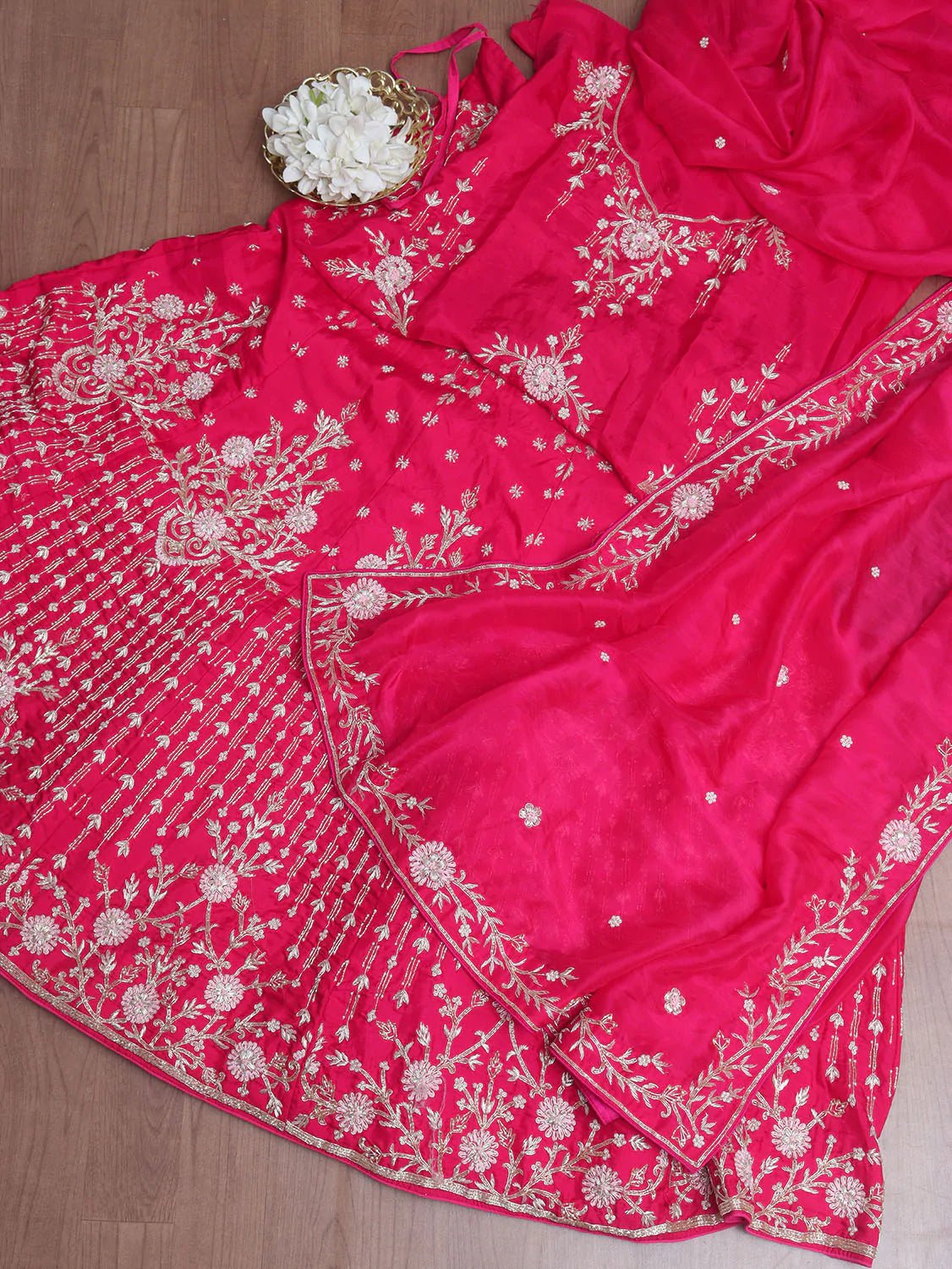 Pink Hand Embroidered Zardozi Silk Bead Work Semi Stitched Lehenga Set - Luxurion World