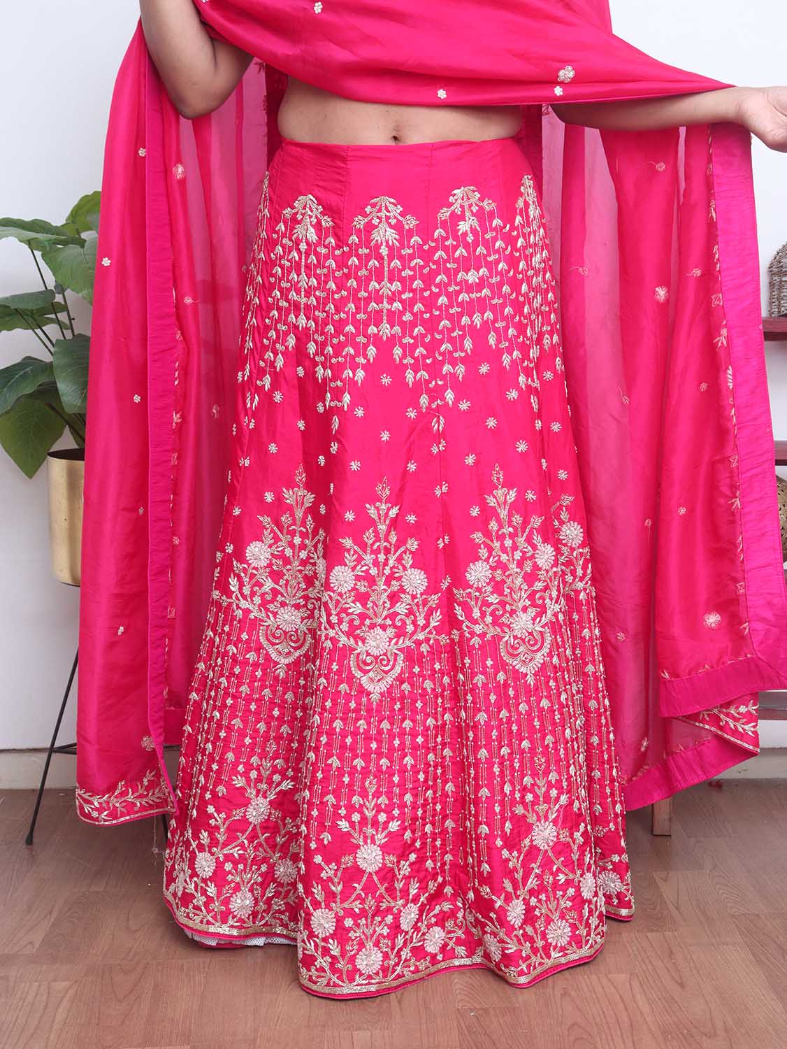 Pink Hand Embroidered Zardozi Silk Bead Work Semi Stitched Lehenga Set - Luxurion World
