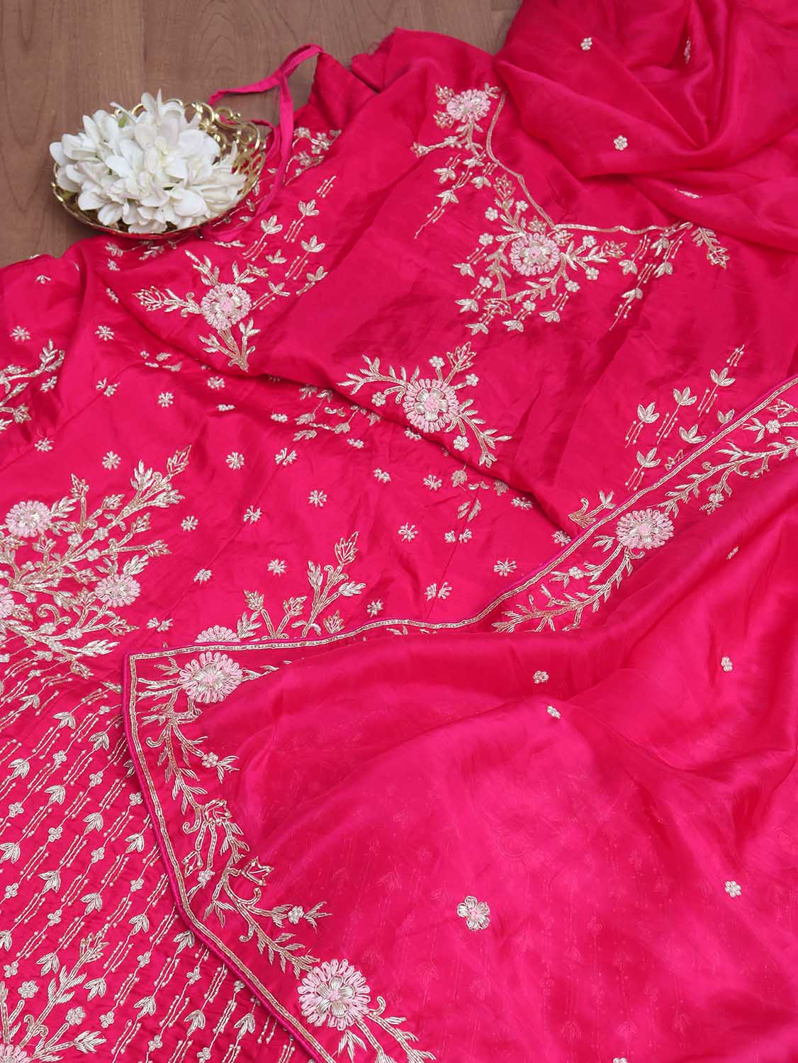 Pink Hand Embroidered Zardozi Silk Bead Work Semi Stitched Lehenga Set - Luxurion World