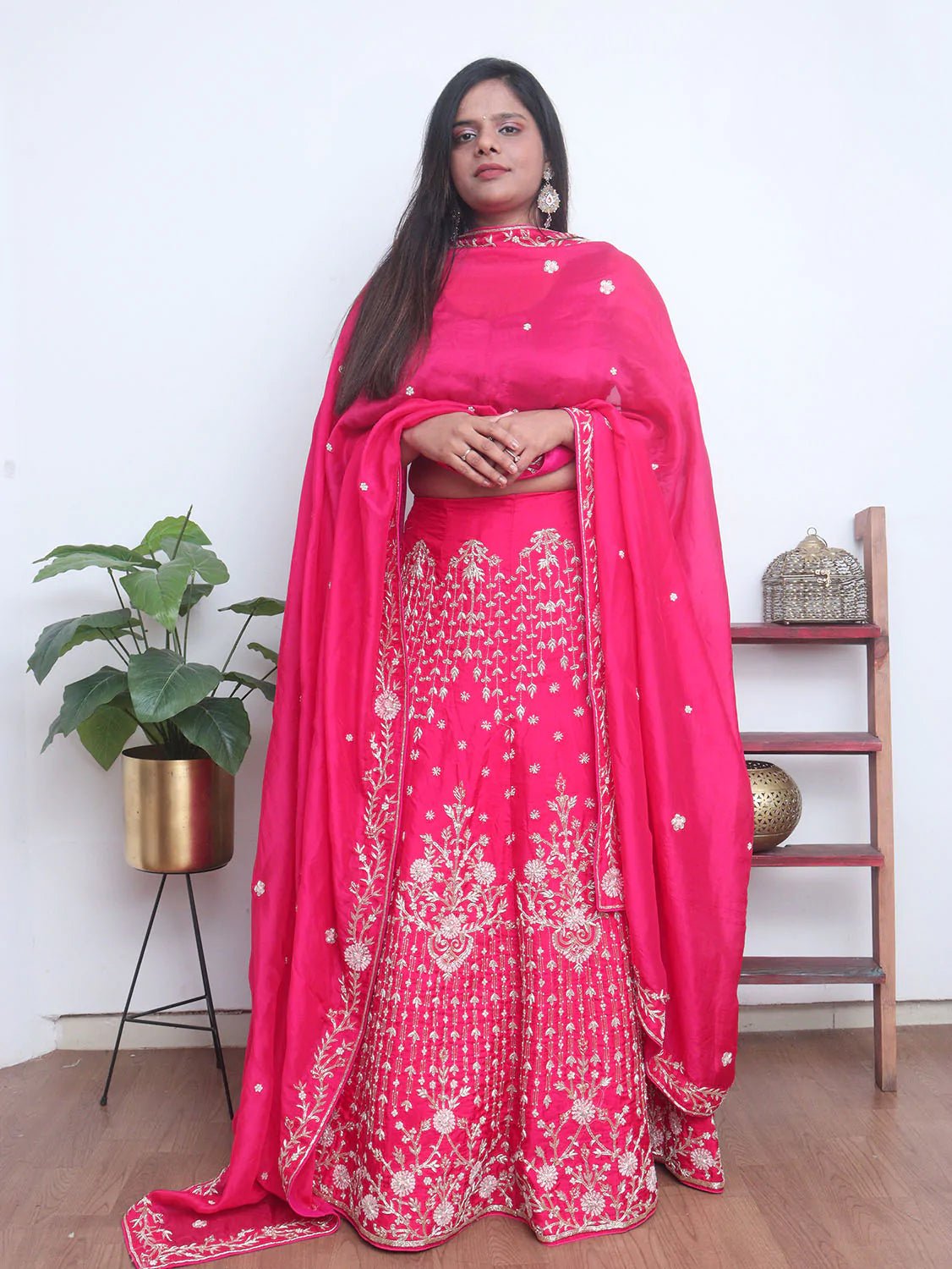 Pink Hand Embroidered Zardozi Silk Bead Work Semi Stitched Lehenga Set - Luxurion World