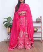 Pink Hand Embroidered Zardozi Silk Bead Work Semi Stitched Lehenga Set - Luxurion World
