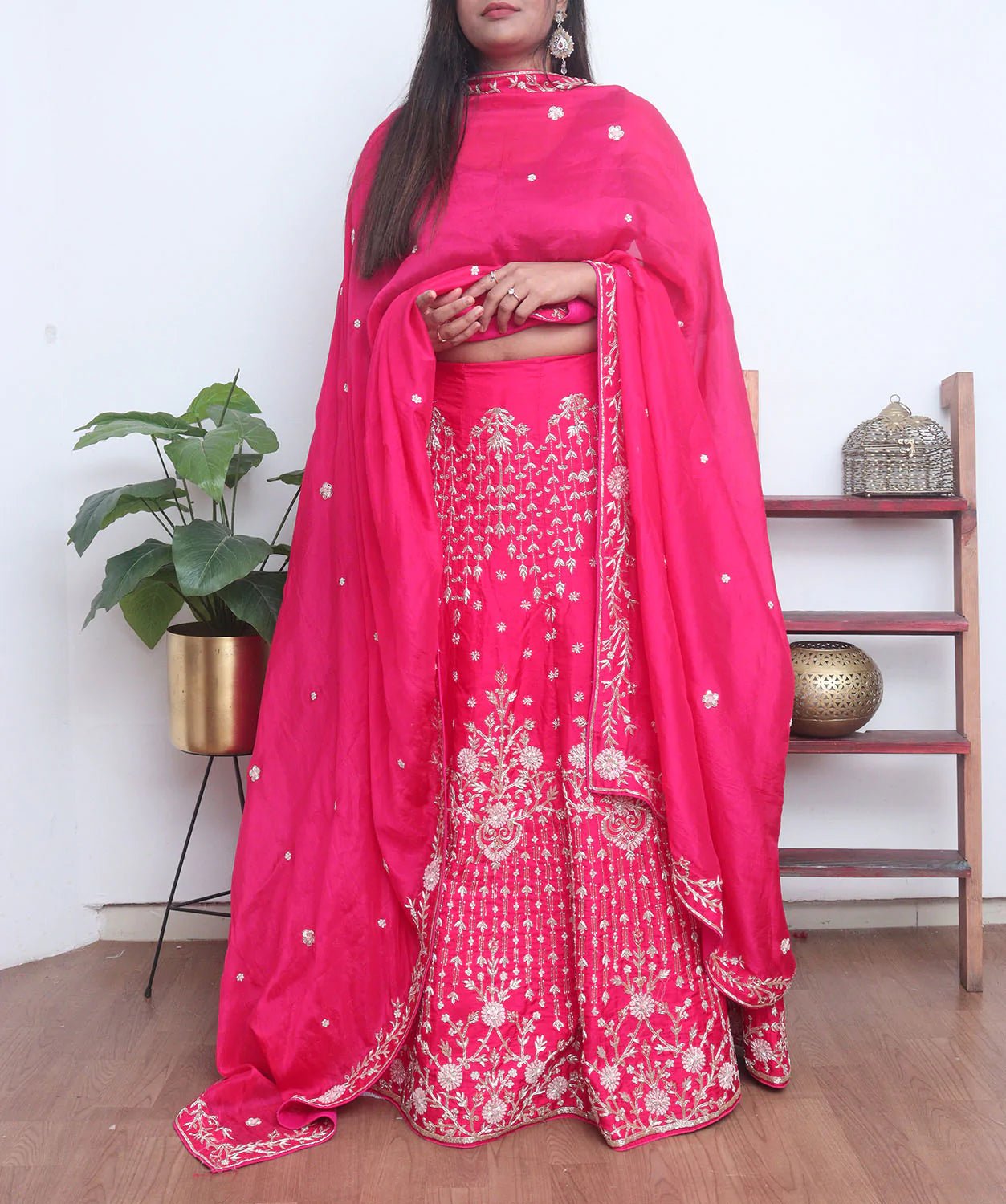 Pink Hand Embroidered Zardozi Silk Bead Work Semi Stitched Lehenga Set - Luxurion World