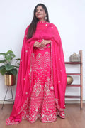 Pink Hand Embroidered Zardozi Silk Bead Work Semi Stitched Lehenga Set - Luxurion World