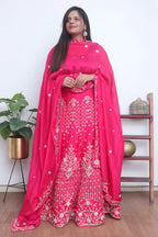 Pink Hand Embroidered Zardozi Silk Bead Work Semi Stitched Lehenga Set - Luxurion World
