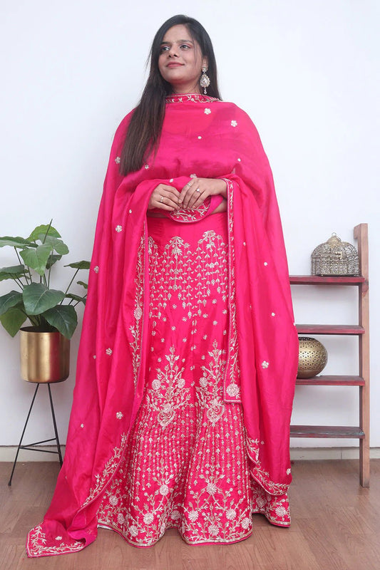 Pink Hand Embroidered Zardozi Silk Bead Work Semi Stitched Lehenga Set - Luxurion World