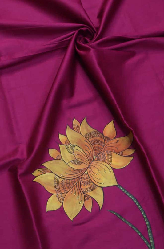 Pink Hand Painted Cotton Satin Flower Design Blouse Fabric (1 Mtr)