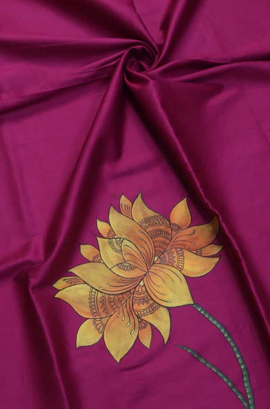 Pink Hand Painted Cotton Satin Flower Design Blouse Fabric (1 Mtr) - Luxurion World