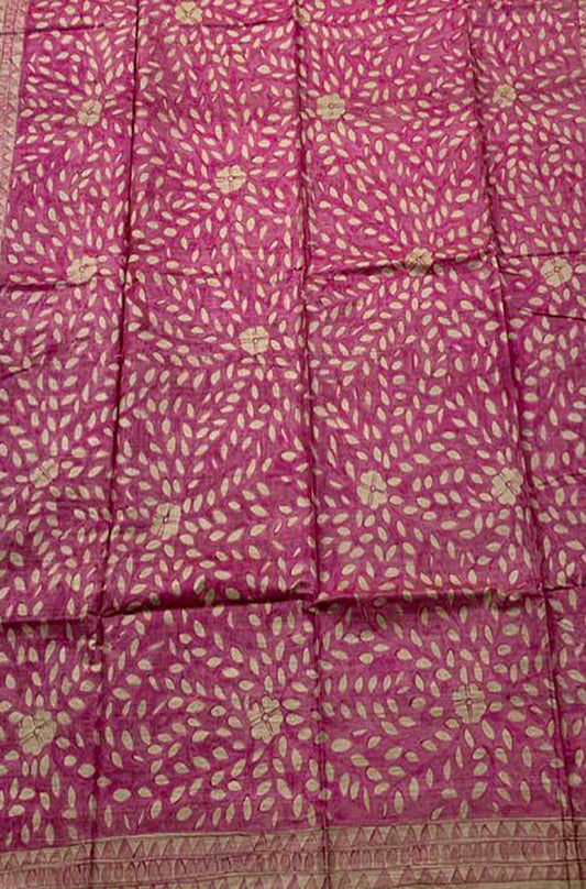 Pink Hand Painted Madhubani Tussar Silk Saree - Luxurion World