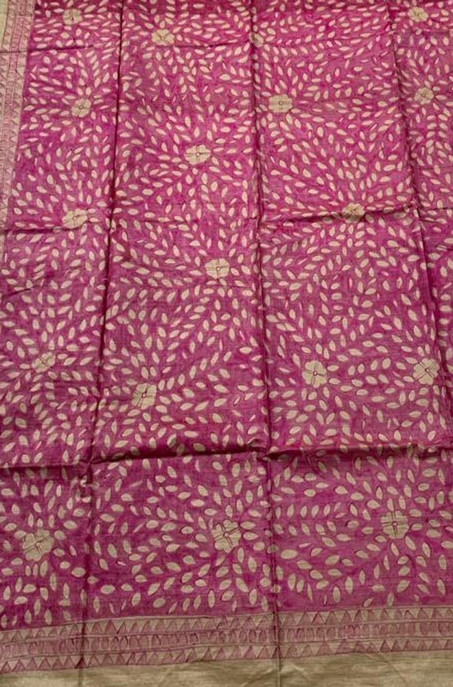 Pink Hand Painted Madhubani Tussar Silk Saree - Luxurion World