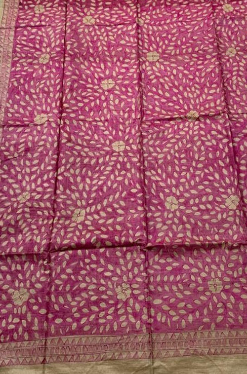 Pink Hand Painted Madhubani Tussar Silk Saree - Luxurion World