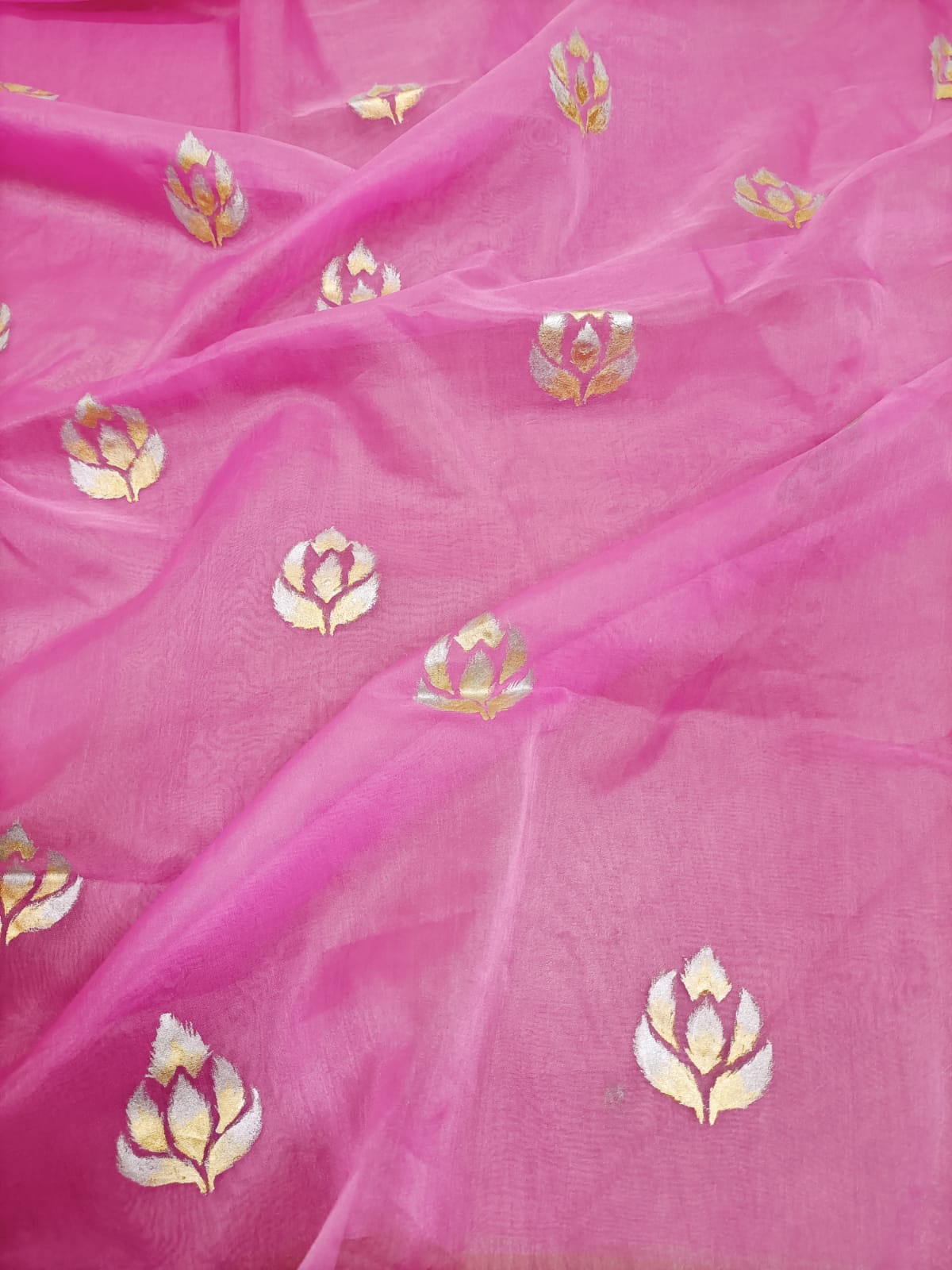 Pink Hand Painted Organza Silk Banarasi Boota Design Golden And Silver Fabric (1 Mtr) - Luxurion World