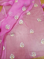Pink Hand Painted Organza Silk Banarasi Boota Design Golden And Silver Fabric (1 Mtr) - Luxurion World