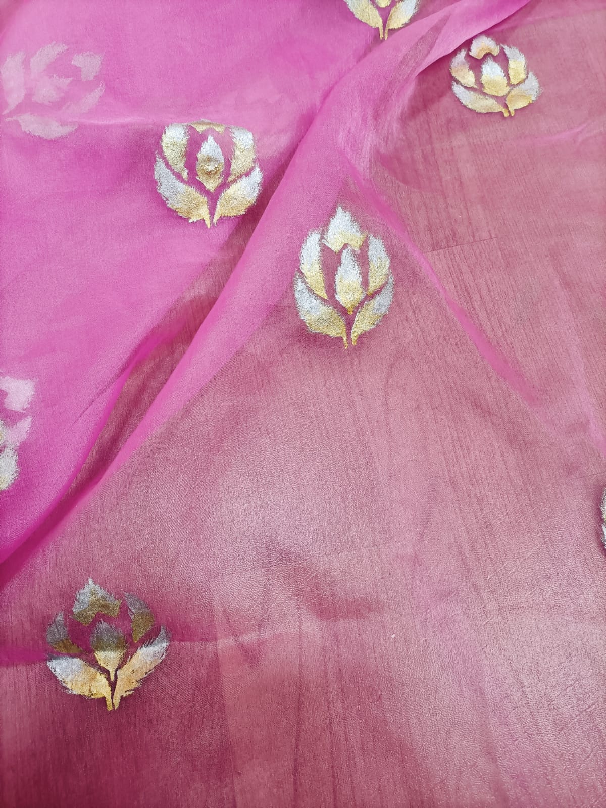 Pink Hand Painted Organza Silk Banarasi Boota Design Golden And Silver Fabric (1 Mtr) - Luxurion World