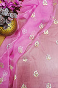 Pink Hand Painted Organza Silk Banarasi Boota Design Golden And Silver Fabric (1 Mtr) - Luxurion World