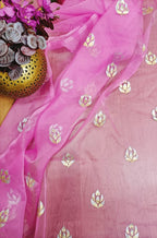 Pink Hand Painted Organza Silk Banarasi Boota Design Golden And Silver Fabric (1 Mtr) - Luxurion World