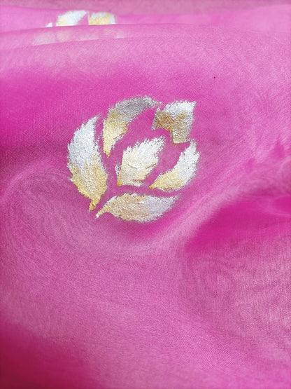 Pink Hand Painted Organza Silk Banarasi Boota Design Golden And Silver Fabric (1 Mtr) - Luxurion World