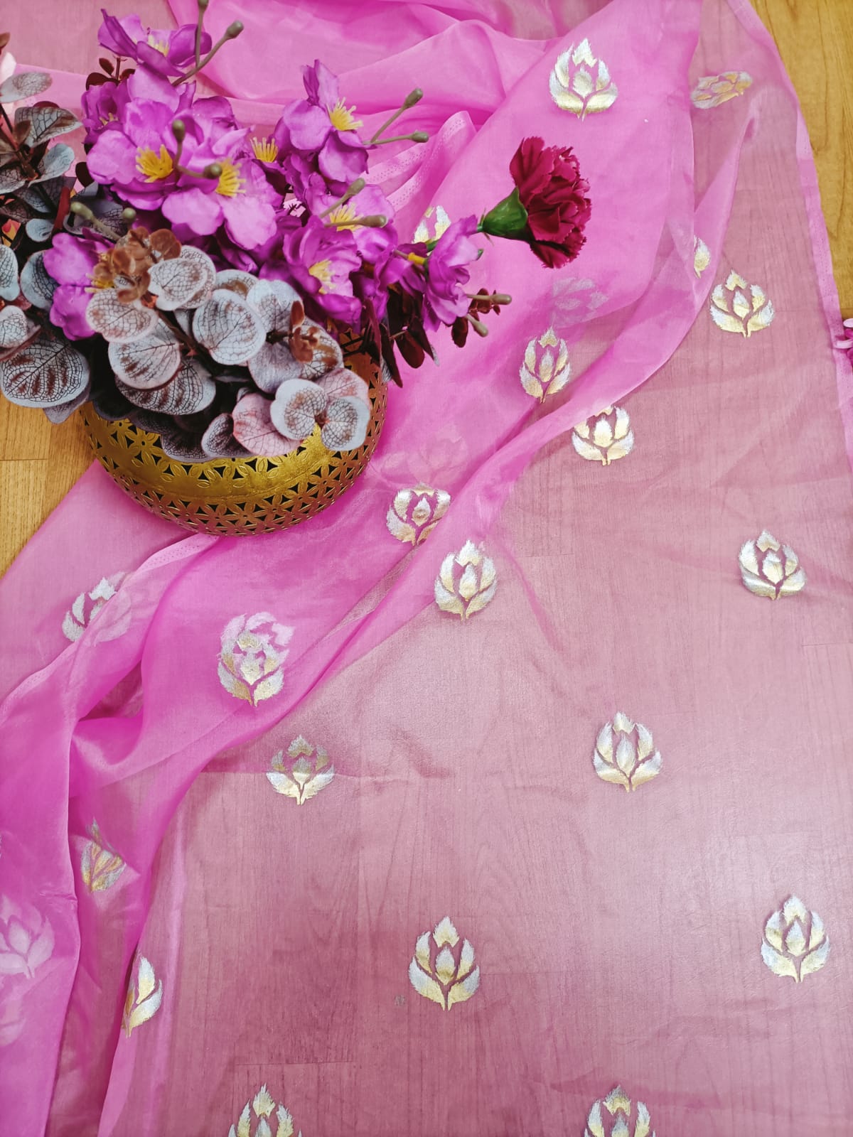 Pink Hand Painted Organza Silk Banarasi Boota Design Golden And Silver Fabric (1 Mtr) - Luxurion World