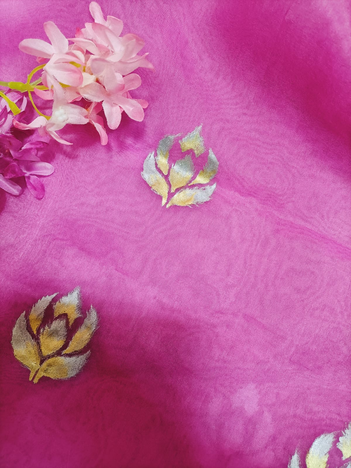 Pink Hand Painted Organza Silk Banarasi Boota Design Golden And Silver Fabric (1 Mtr) - Luxurion World