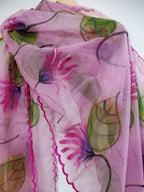 Pink Hand Painted Organza Silk Scalloped Border Dupatta - Luxurion World