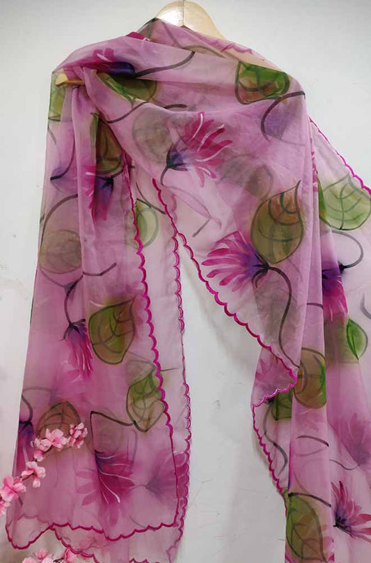 Pink Hand Painted Organza Silk Scalloped Border Dupatta - Luxurion World