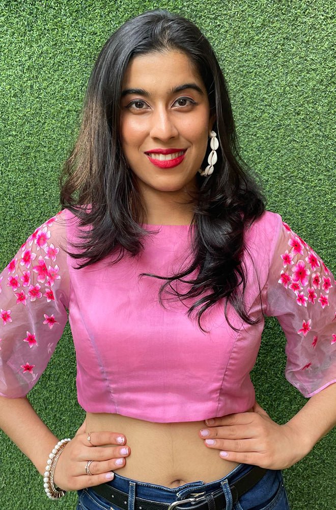 Pink Hand Painted Pure Organza Silk Boat Neck Padded Stitched Blouse - Luxurion World